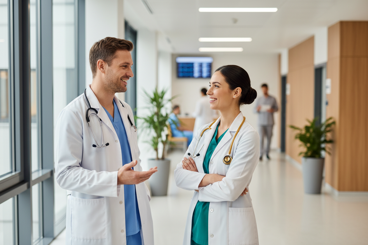 2 male and female docter interacting