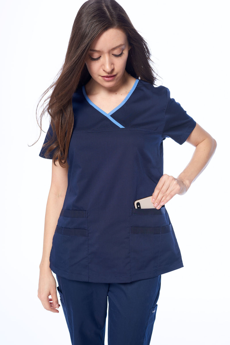 DAGACCI OFFICIAL Natural Stretch Women's Contrast Y-Neck Scrub Sets [NS2104]