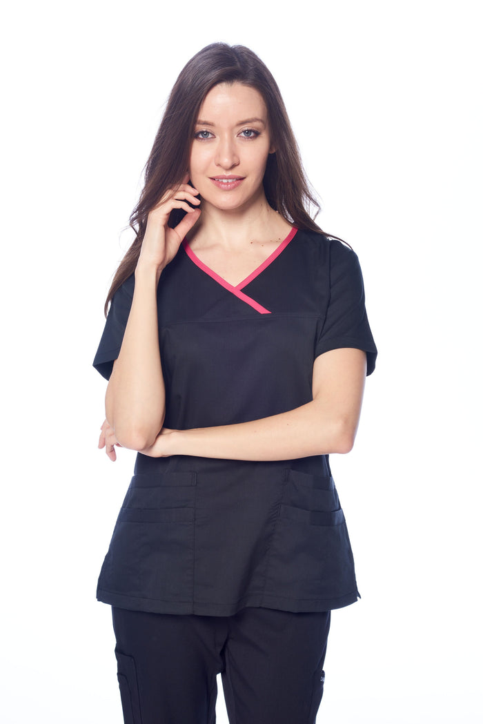 DAGACCI OFFICIAL Natural Stretch Women's Contrast Y-Neck Scrub Sets [NS2104]