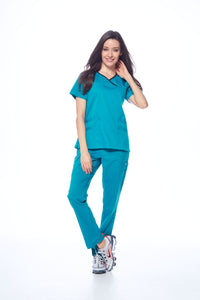 DAGACCI OFFICIAL Natural Stretch Women's Contrast Y-Neck Scrub Sets [NS2104]
