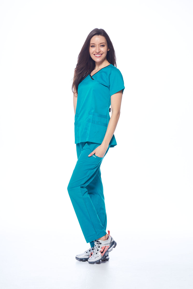 DAGACCI OFFICIAL Natural Stretch Women's Contrast Y-Neck Scrub Sets [NS2104]