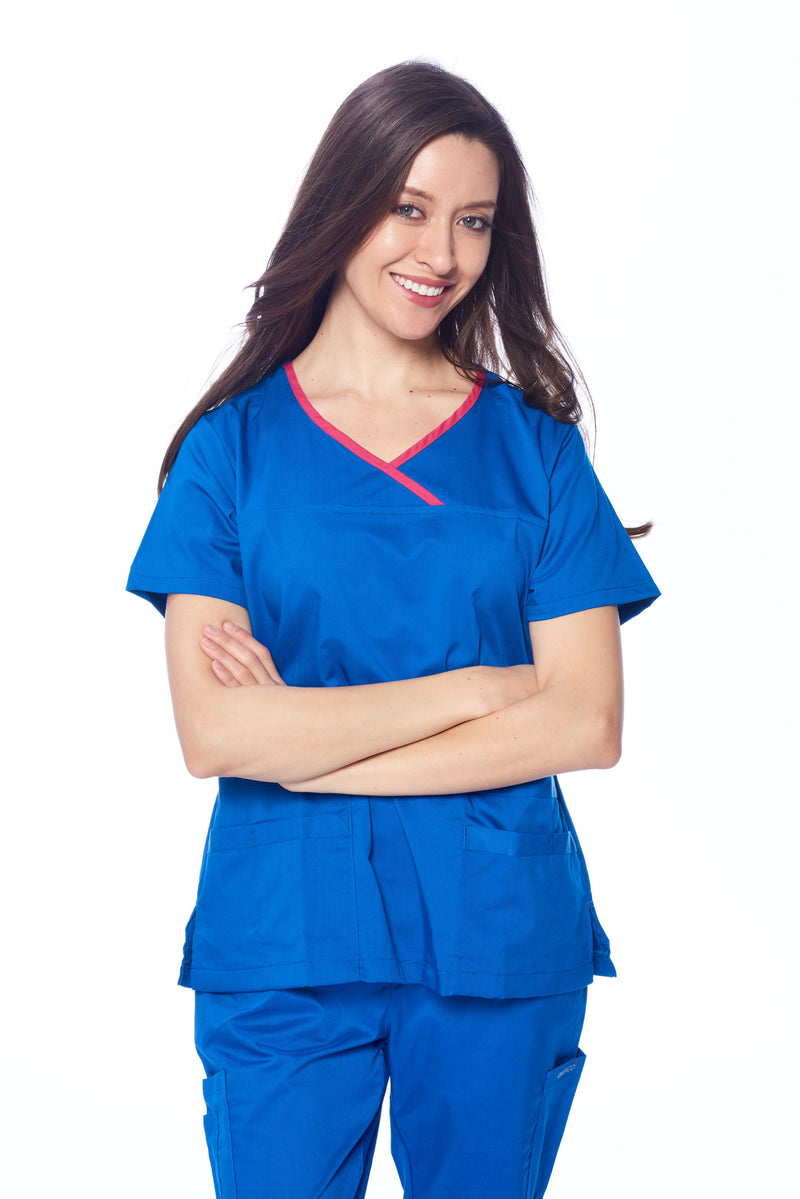 DAGACCI OFFICIAL Natural Stretch Women's Contrast Y-Neck Scrub Sets [NS2104]