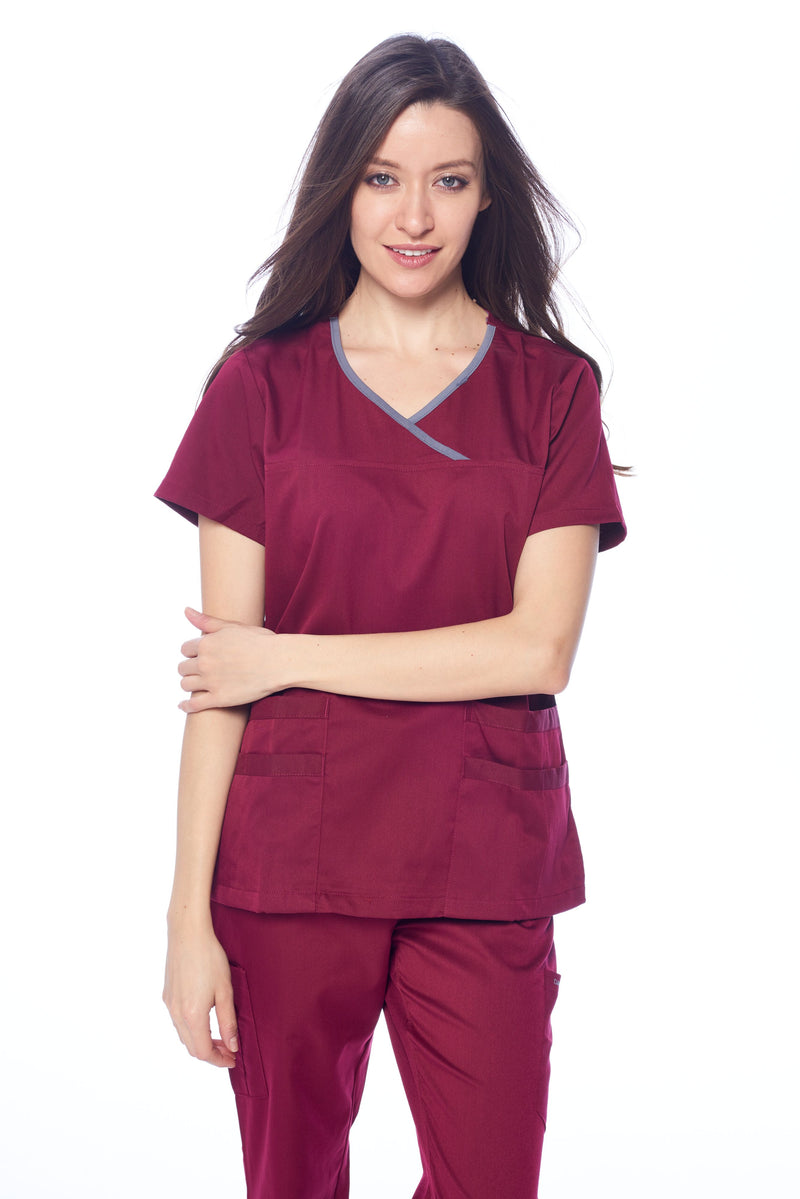 DAGACCI OFFICIAL Natural Stretch Women's Contrast Y-Neck Scrub Sets [NS2104]