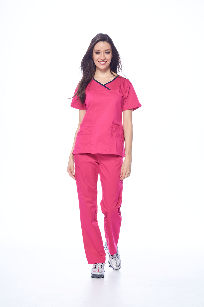 DAGACCI OFFICIAL Natural Stretch Women's Contrast Y-Neck Scrub Sets [NS2104]