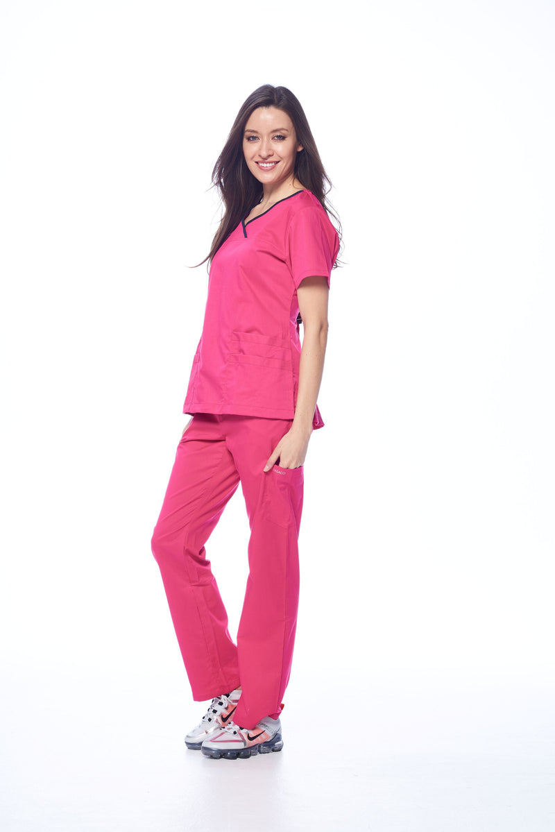 DAGACCI OFFICIAL Natural Stretch Women's Contrast Y-Neck Scrub Sets [NS2104]