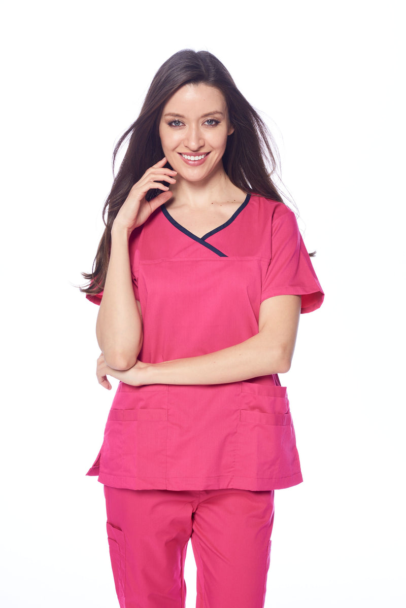 DAGACCI OFFICIAL Natural Stretch Women's Contrast Y-Neck Scrub Sets [NS2104]