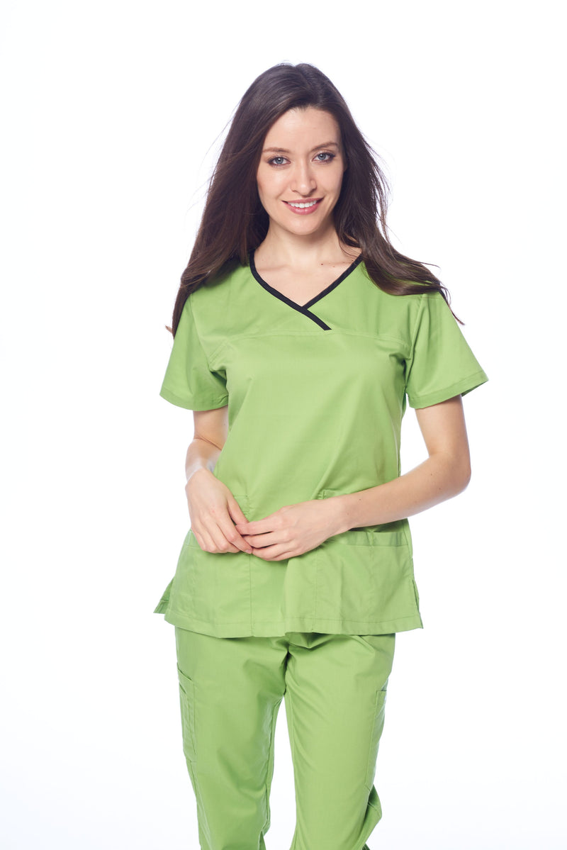 DAGACCI OFFICIAL Natural Stretch Women's Contrast Y-Neck Scrub Sets [NS2104]