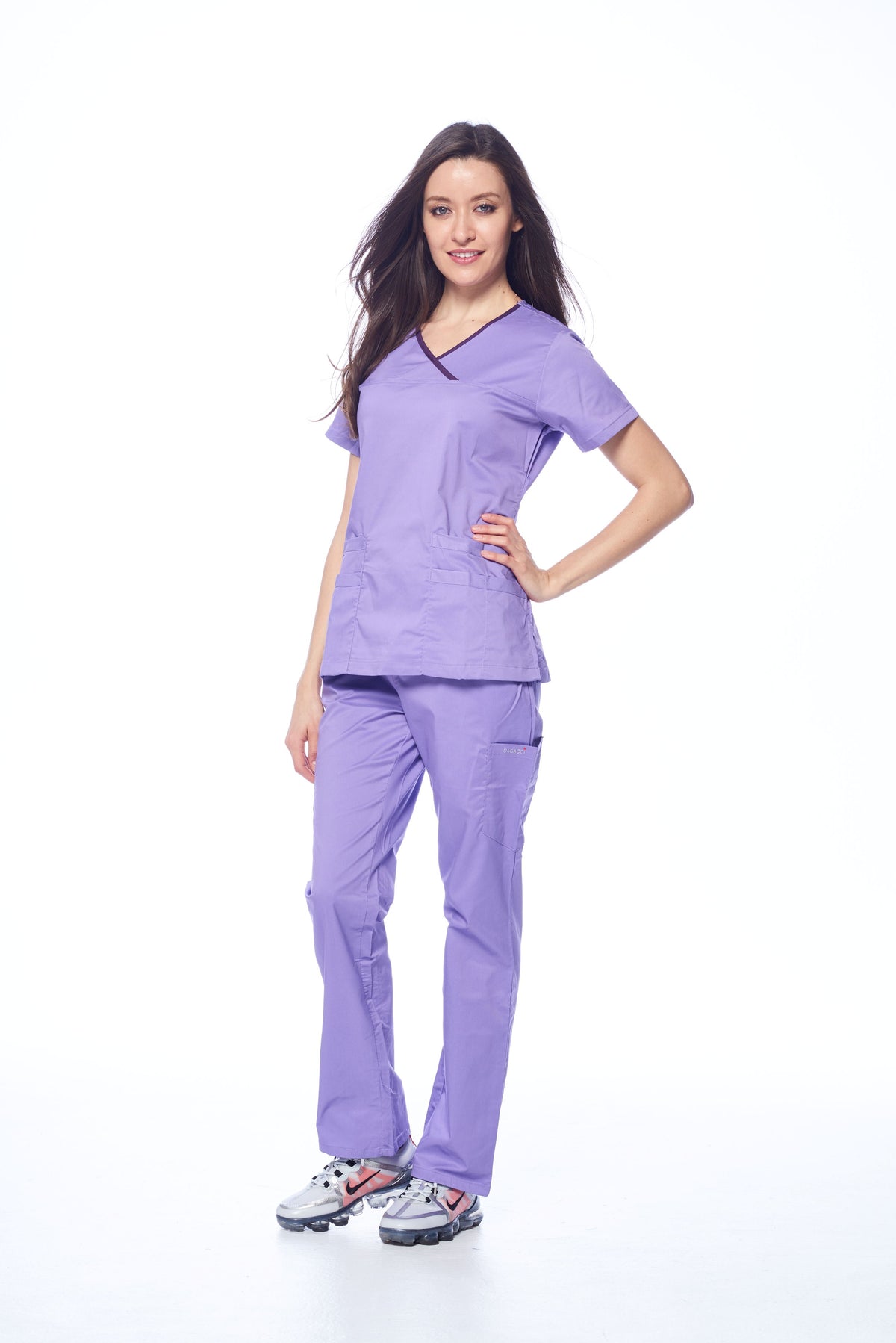 DAGACCI OFFICIAL Natural Stretch Women's Contrast Y-Neck Scrub Sets [NS2104]