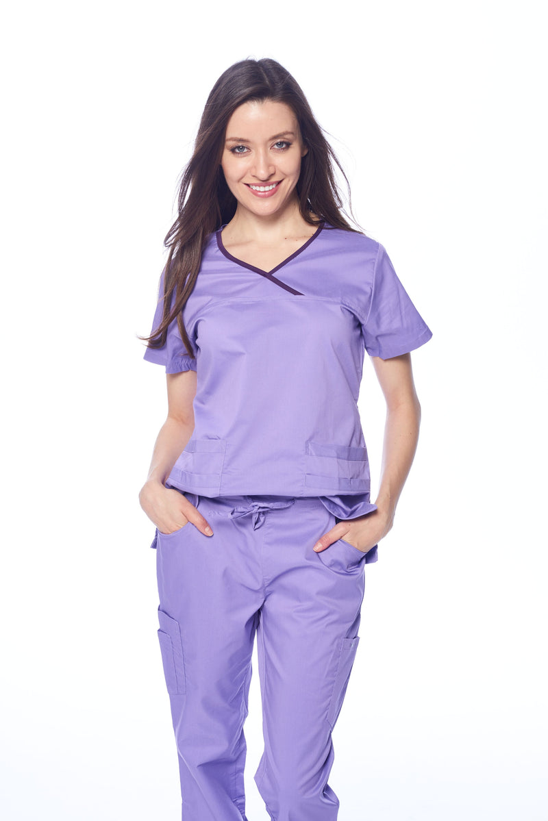 DAGACCI OFFICIAL Natural Stretch Women's Contrast Y-Neck Scrub Sets [NS2104]