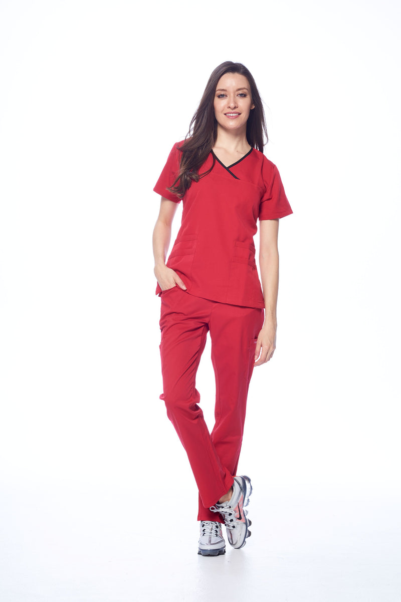 DAGACCI OFFICIAL Natural Stretch Women's Contrast Y-Neck Scrub Sets [NS2104]