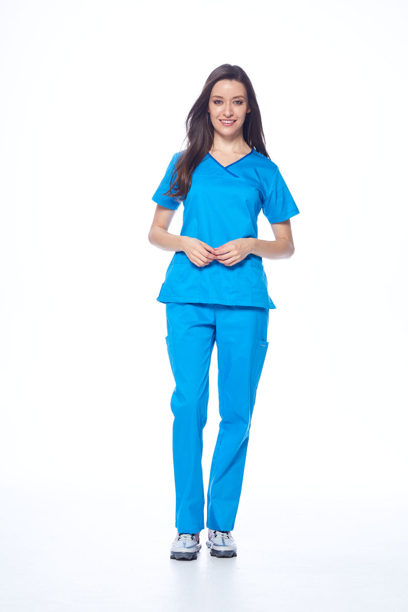 DAGACCI OFFICIAL Natural Stretch Women's Contrast Y-Neck Scrub Sets [NS2104]