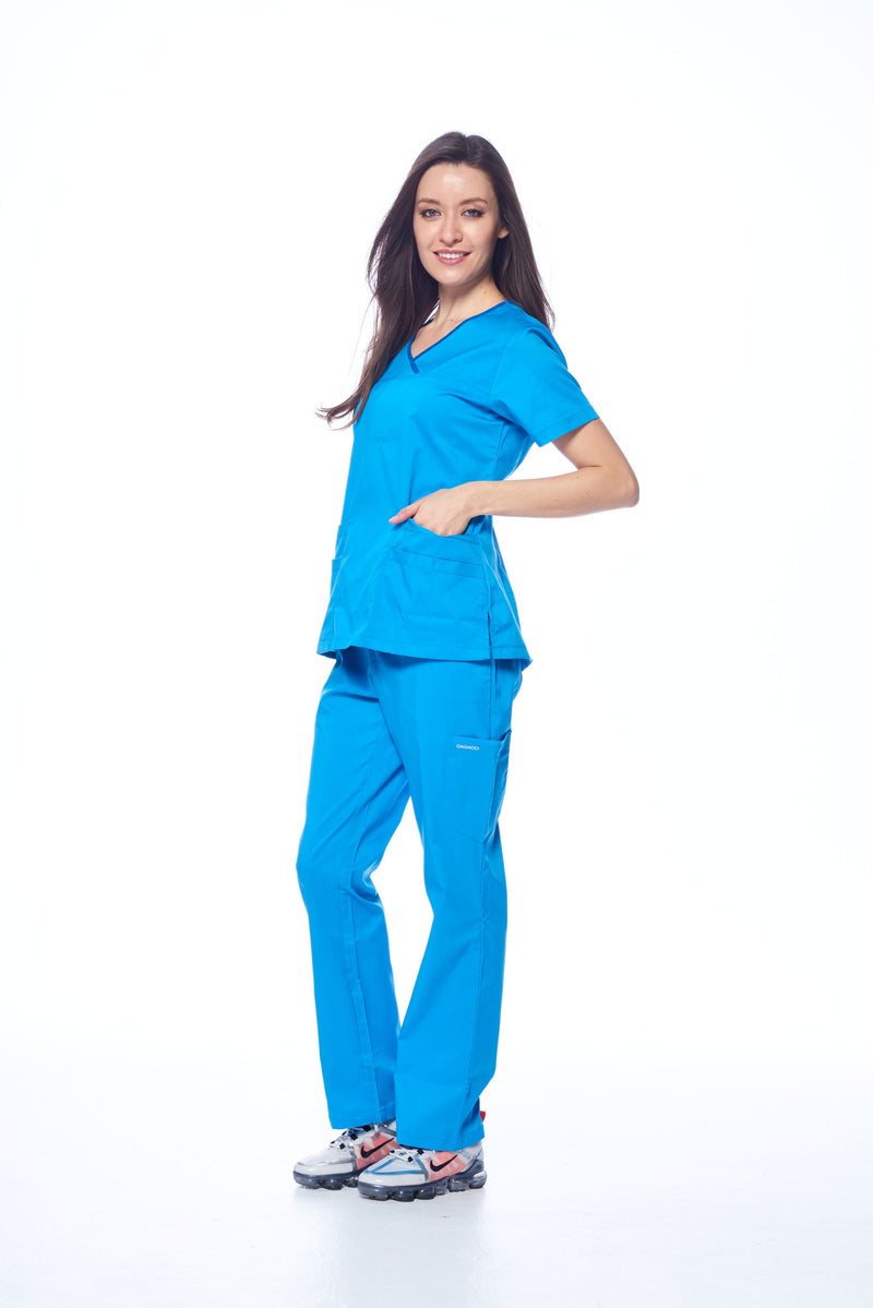 DAGACCI OFFICIAL Natural Stretch Women's Contrast Y-Neck Scrub Sets [NS2104]
