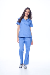 DAGACCI OFFICIAL Natural Stretch Women's Contrast Y-Neck Scrub Sets [NS2104]