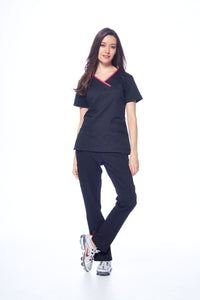 DAGACCI OFFICIAL Natural Stretch Women's Contrast Y-Neck Scrub Sets [NS2104]