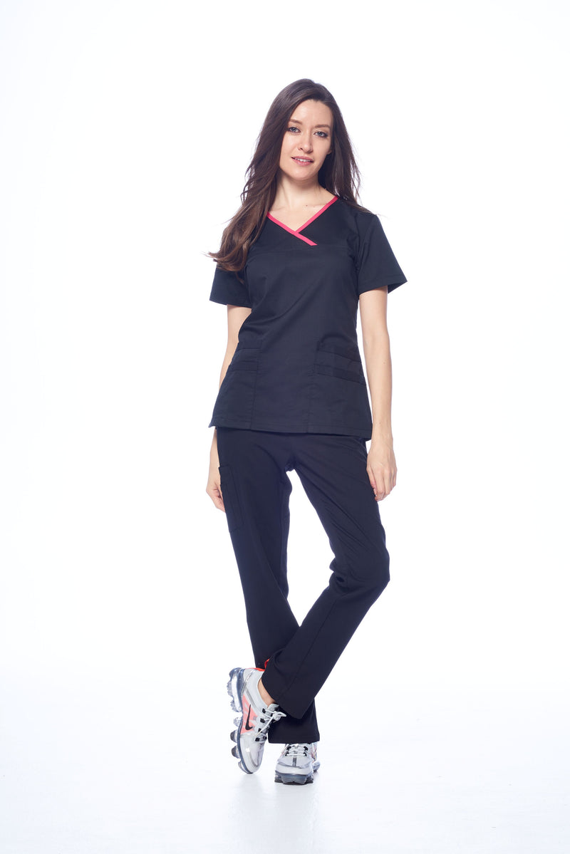 DAGACCI OFFICIAL Natural Stretch Women's Contrast Y-Neck Scrub Sets [NS2104]