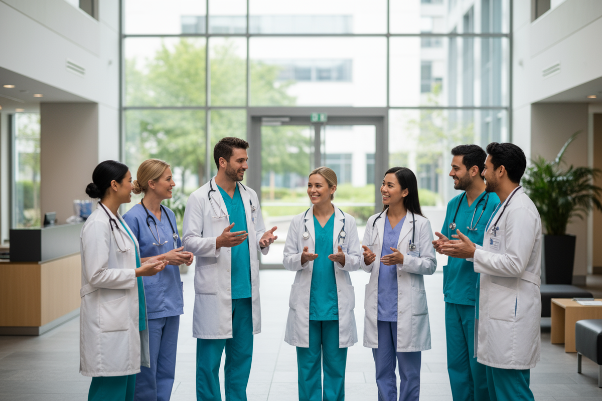 nurses docters standing smiling discussing