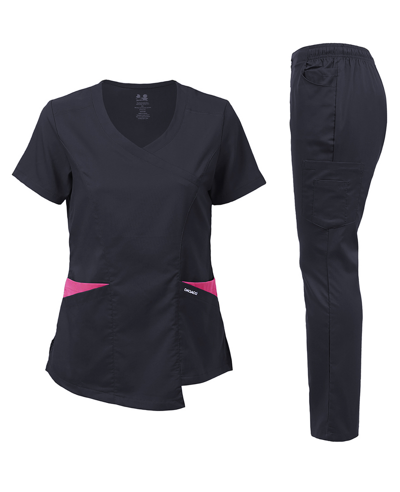 DAGACCI OFFICIAL Natural Stretch Women's Contrast Wrap Scrub Sets