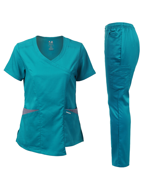 DAGACCI OFFICIAL Natural Stretch Women's Contrast Wrap Scrub Sets