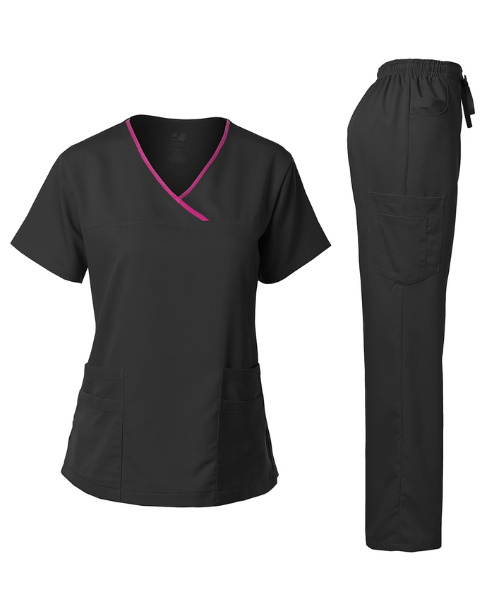 DAGACCI OFFICIAL Natural Stretch Women's Contrast Y-Neck Scrub Sets [NS2104]