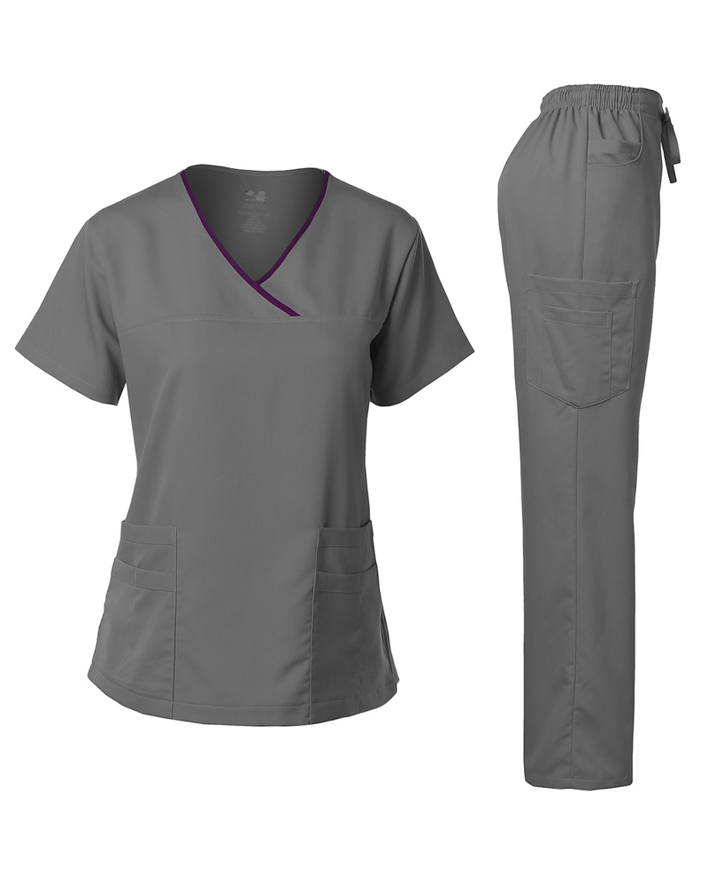 DAGACCI OFFICIAL Natural Stretch Women's Contrast Y-Neck Scrub Sets [NS2104]