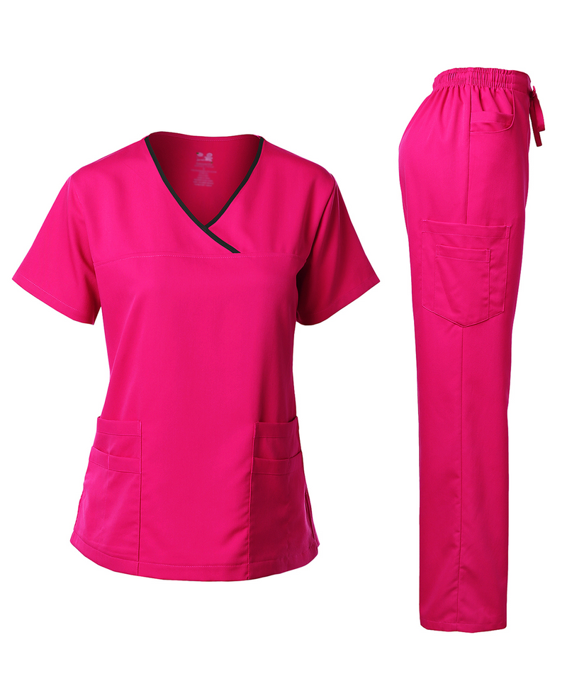 DAGACCI OFFICIAL Natural Stretch Women's Contrast Y-Neck Scrub Sets [NS2104]