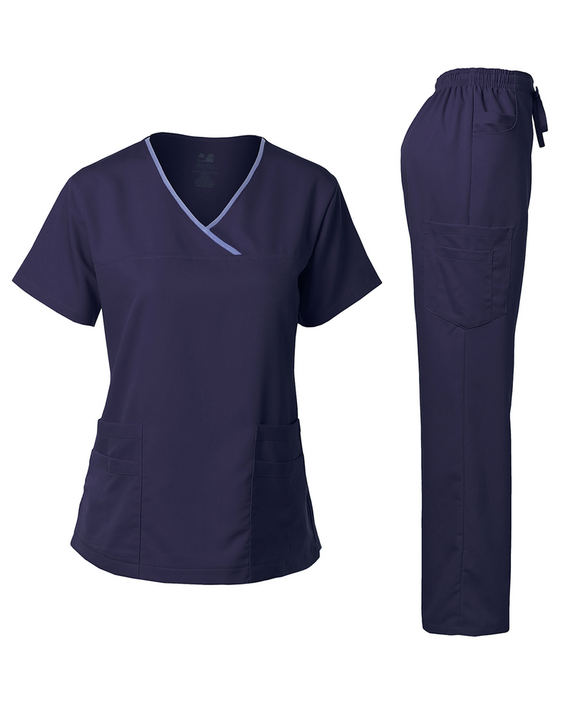 DAGACCI OFFICIAL Natural Stretch Women's Contrast Y-Neck Scrub Sets [NS2104]