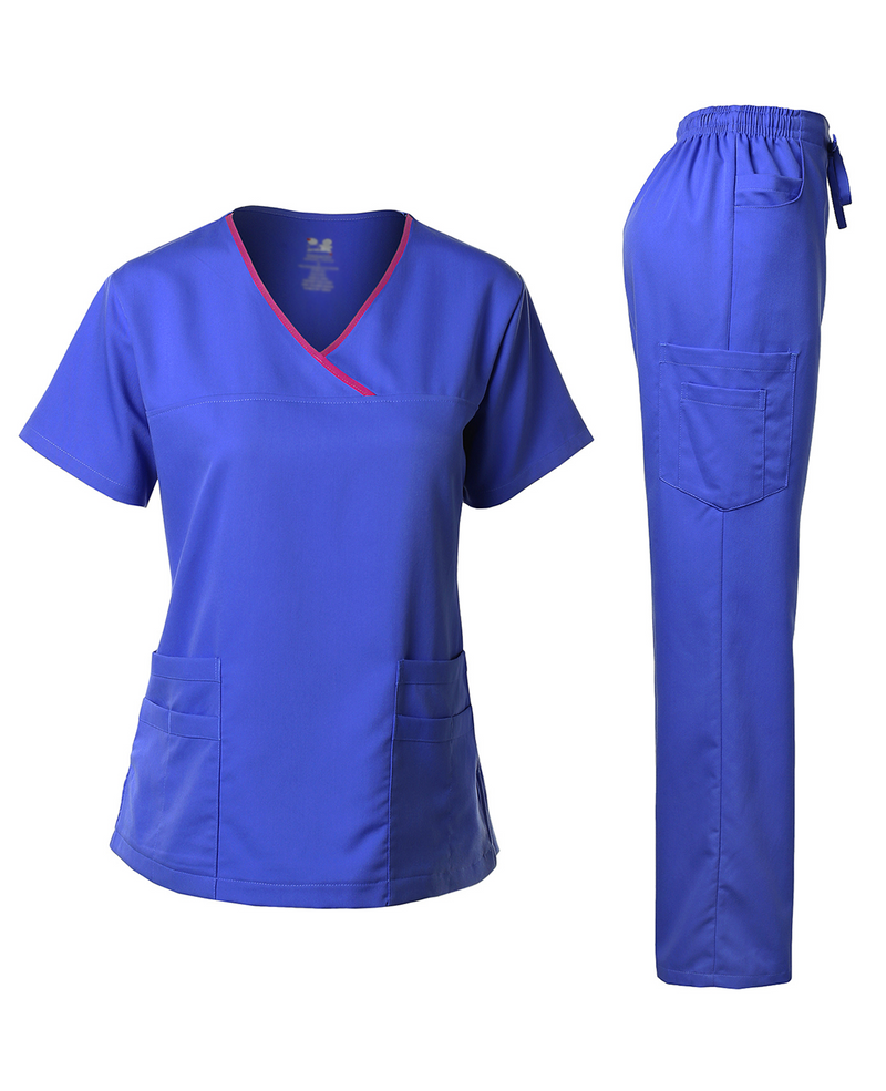 DAGACCI OFFICIAL Natural Stretch Women's Contrast Y-Neck Scrub Sets [NS2104]